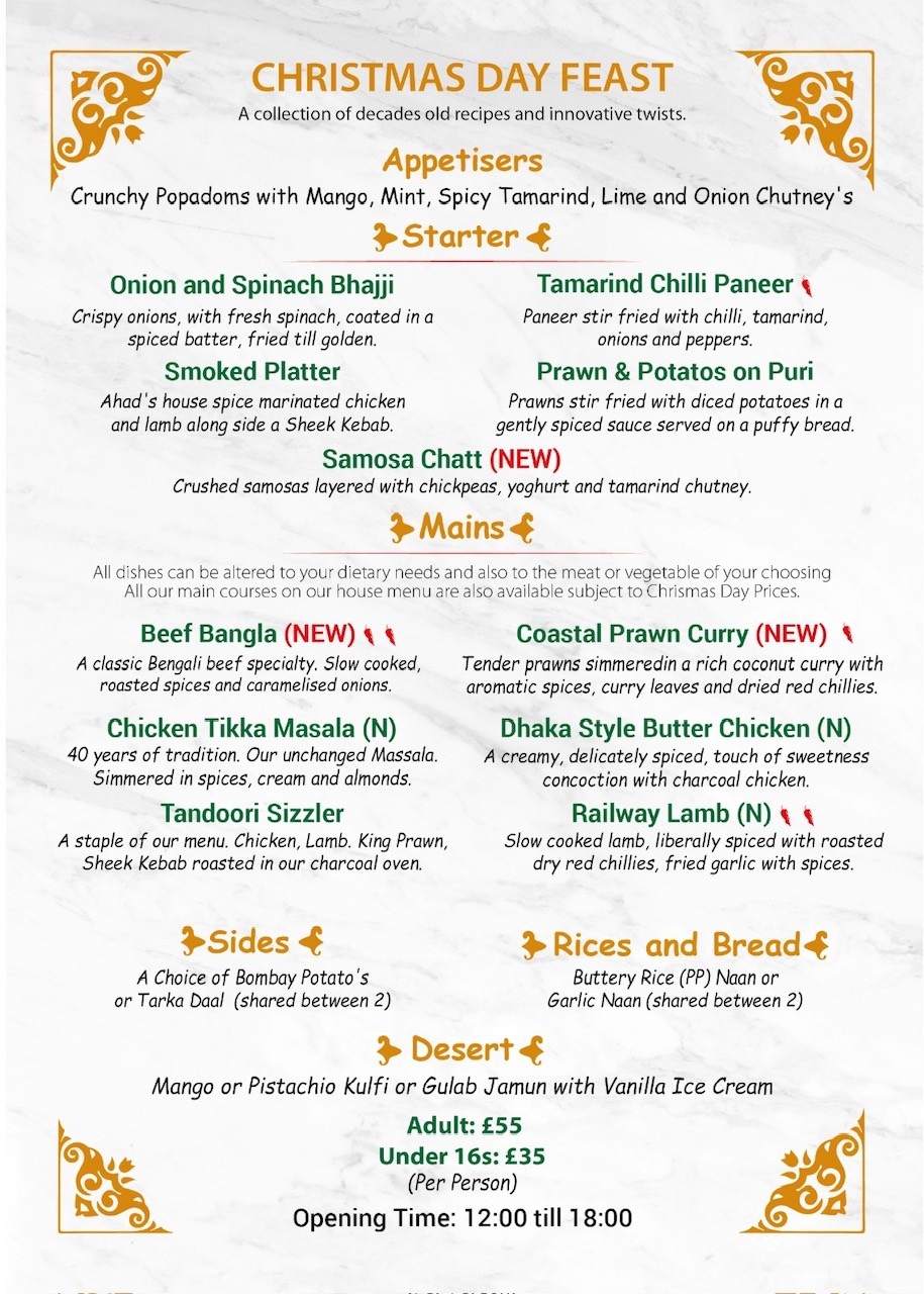 Christmas Day Feast menu with starters, mains, sides, dessert and prices